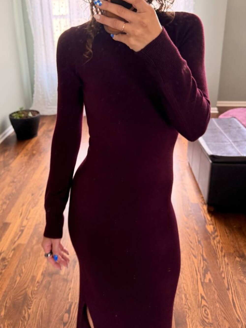 French Connection Burgundy Ribbed Long Sleeve Sweater Midi Dress